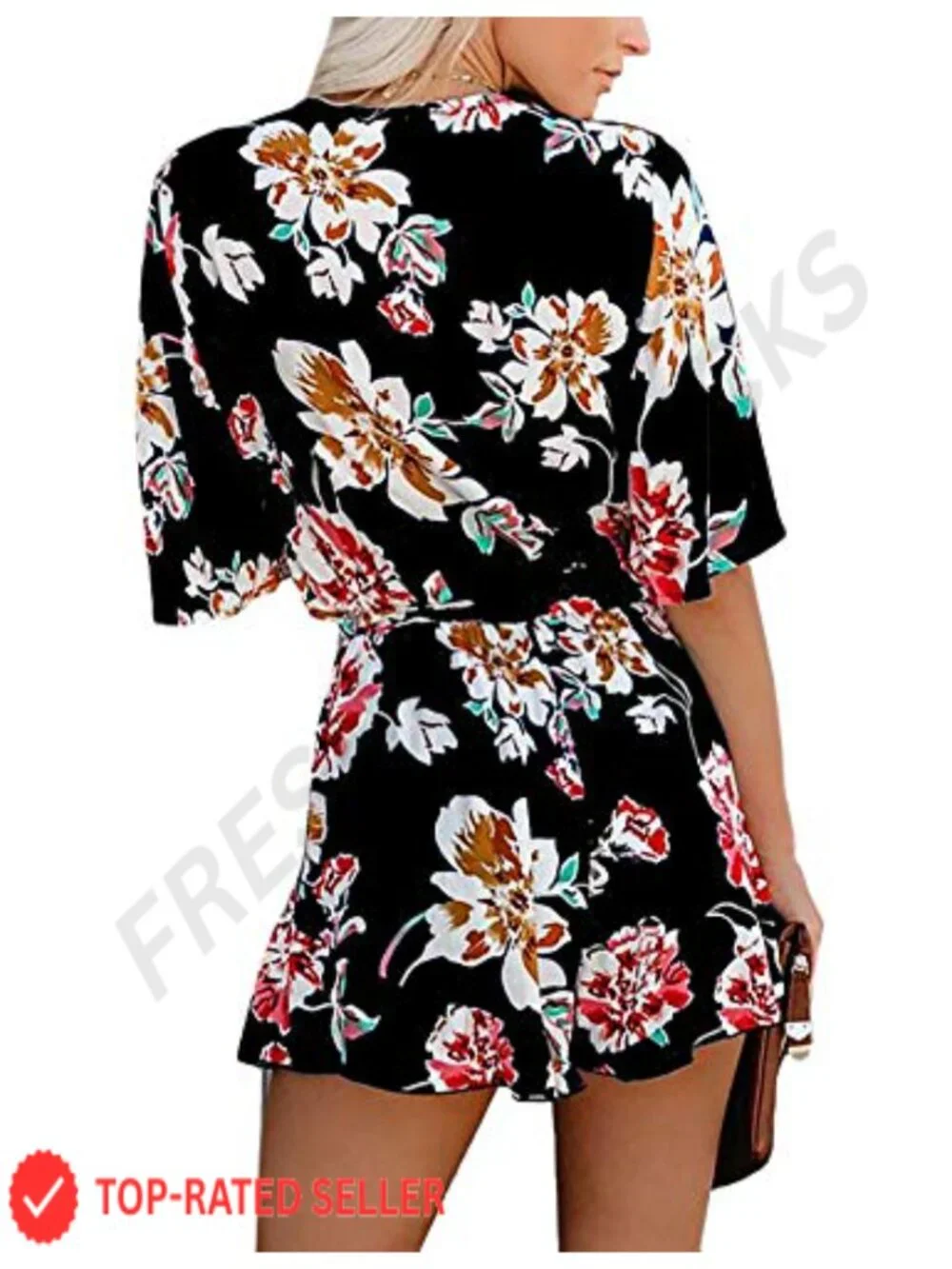 Women's Floral Romper V-Neck Flared Sleeve Tie Waist Ruffle Casual Jumpsuit